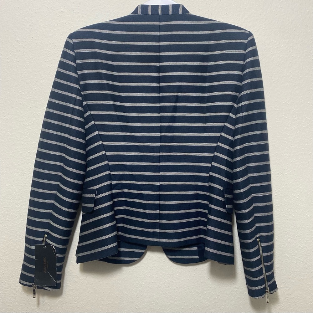 Zara Blue Striped Peplum Pocket Career Blazer Jacket, Large NEW - Picture 8 of 14